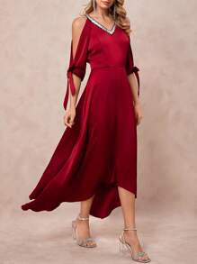 SHEIN Clasi Đầm lệch vai hở vai đính sequin chắp vá cổ chữ V cho nữ, trang nhã cho khách dự tiệc cưới, trang phục màu đỏ, kỷ niệm ngày cưới, mùa xuân và mùa hè, dành cho nữ - Đỏ - Xem 1