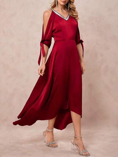 SHEIN Clasi Vestido asimétrico con escote en V, parches de lentejuelas, mangas anudadas y hombros descubiertos, elegante para invitadas a bodas, color rojo, para aniversario de boda, primavera y verano