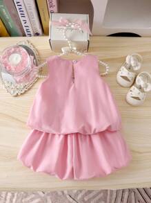 婴儿/女宝宝可爱花蕾连衣裙、无袖背心和短裤套装、时尚夏装、儿童蝴蝶结装饰可爱服装 - 粉色 - 查看 2