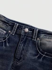 ROMWE J-Fashion Y2K Retro Low Waist Vintage Butterfly Embroidery Adjustable Contrast Line Women Denim Mini Skirt - Navy Blue - View 3