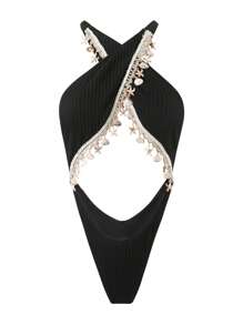 Swim SXY Women's Summer Vacation Sexy Beach Solid Color Textured Cross Front Hollow Back Shell Decor One-Piece Swimsuit - Black - View 5