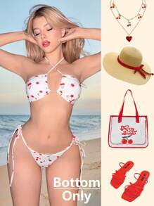 Sweetina 1pc Women's Spring Break Summer Beach Cherry Print Tie Side Bikini Bottom, For Vacation, Cute, Kawaii - White - View 4