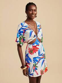 Travachic Off-White Tropical Print Twist Cut-Out Beach Holiday Mini Dress For Women,Summer Boho Beach Vacation Holiday Summer Outfits,Concert Outfit - Multicolor - View 7