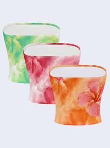 INAWLY 3pcs/Set Women Casual Vacation Tiedye Hibiscus Floral Tube Top, Suitable Tank For Holiday - Multicolor - View 2