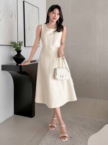 DAZY Einfarbiges Kleid mit rundem Ausschnitt und Perlen in Knielänge für Frauen, geeignet für Party, Date Night, Büro, Hochzeit - Beige - Übersicht 5