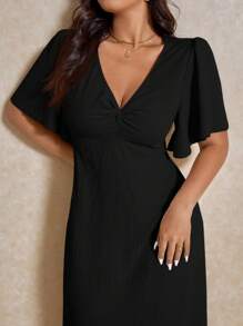 Elaquor 大码休闲优雅度假 V 领收腰 A 字形连衣裙 - 黑色 - 查看 2