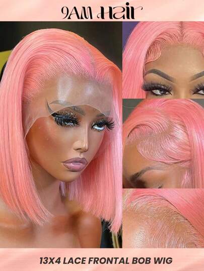 Pink Color Transparent Lace Straight 13 X 4 Lace Frontal Wig Ear To Ear Lace Frontal Short Human Hair Bob Wig Halloween Costumes