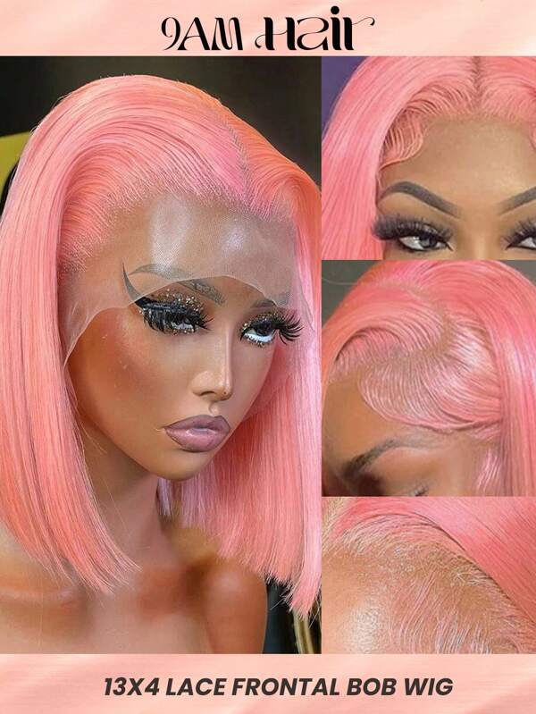 Pink Color Transparent Lace Straight 13 X 4 Lace Frontal Wig Ear To Ear Lace Frontal Short Human Hair Bob Wig Halloween Costumes