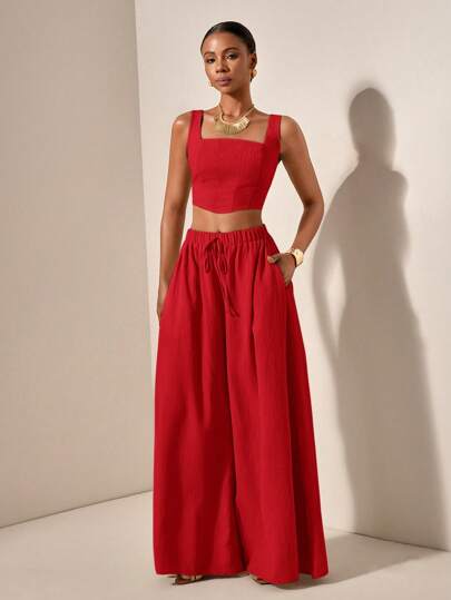 Zivah 新款春夏度假休闲鱼骨背带上衣和阔腿裤带口袋两件套，纹理面料 - B