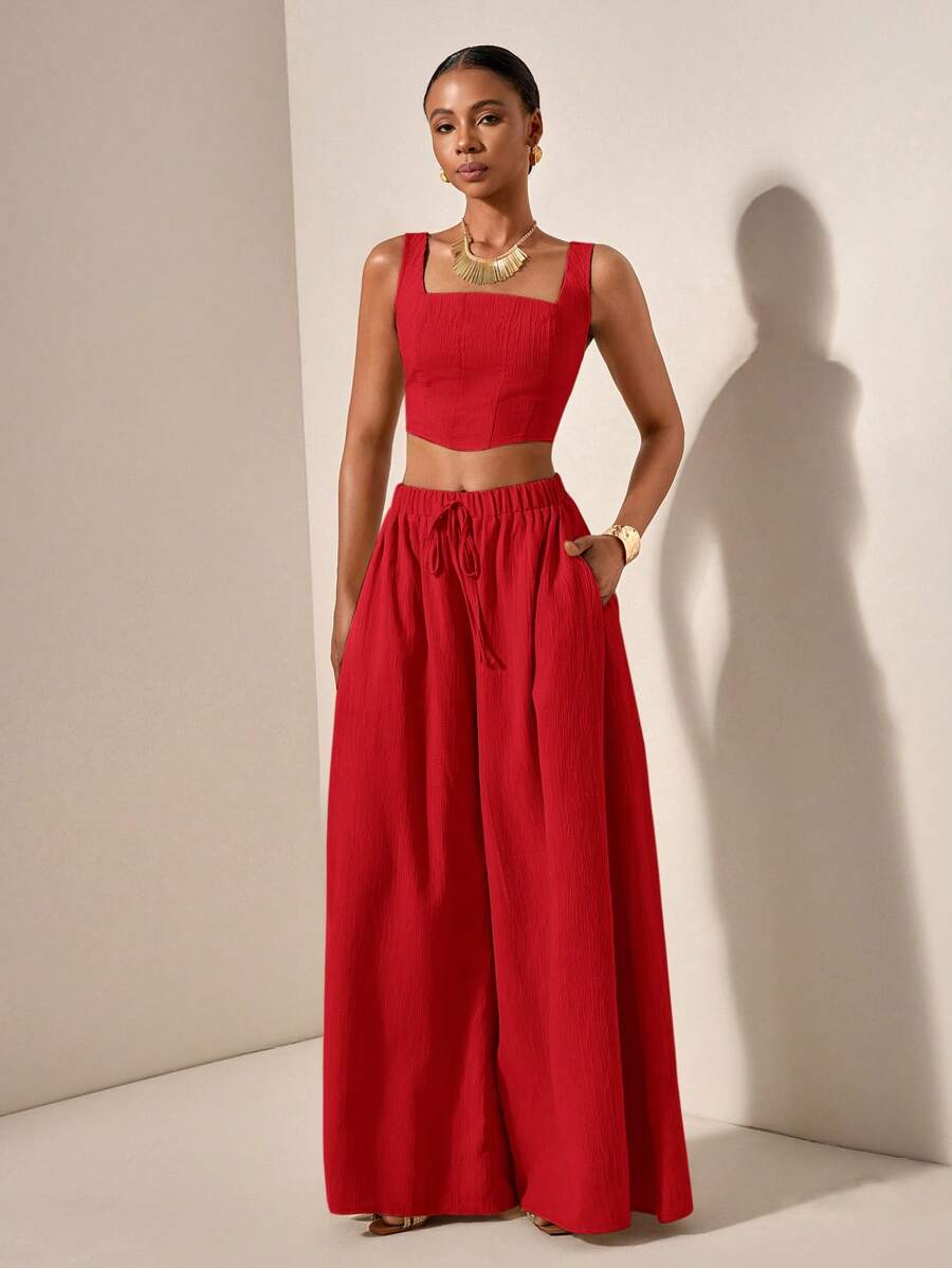 Zivah 新款春夏度假休闲鱼骨背带上衣和阔腿裤带口袋两件套，纹理面料 - B - 紅色 - 查看 1