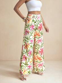 Miriam Omar Pantalons longs large à motif floral coloré pour le printemps, tenue de vacances d'été décontractée pour femmes