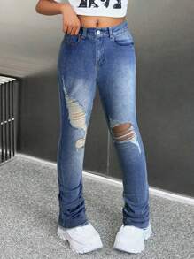 SHEIN Tween 女童夏季 Y2k 街头酷炫简约日常破洞牛仔裤，女童休闲下装，斜口袋，破洞，紧身长款纯色水洗棉质紧身女童牛仔裤，女童春夏装街头服饰 - 淺色水洗藍 - 查看 4