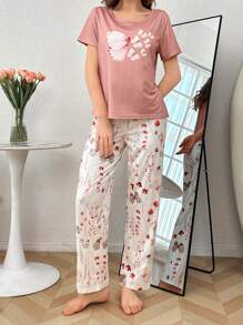 Conjunto de pijama de cuello redondo de manga corta con estampado de mariposas y flores para mujeres - Multicolor - Ver 4