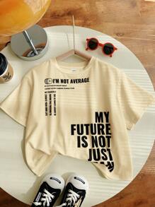 SHEIN Leap Crew Young Boys Casual Korean Cute Letter Printed Round Neck Short Sleeve Knit T-Shirt, Suitable For Commuting, School, Everyday Casual, Vacation, Sports, Fits For Fall, Spring, Summer, And Winter - Apricot - View 5