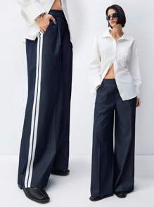 LYSMO 2025 New Arrivel Summer Side-Striped Denim Effect Straight-Leg Wide Pants - Navy Blue - View 8