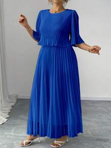SHEIN Elenzya Plus Size Solid Color Elegant Lady-Like Chiffon Pleated Dress, Spring/Summer - Royal Blue - View 4