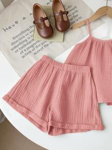 SHEIN LMoss Kids 2 件套年轻女孩夏季休闲宽松细肩带吊带背心和荷叶边下摆短裤套装 - 粉色 - 查看 5