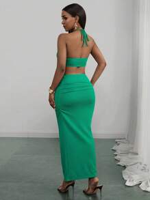 Slaydiva 2025 Summer New Music Festival, Easter, Western, Nomadic, Elegant, Dignified, Wedding, Birthday, Graduation, Student, Daily Wear, All-Match Versatile, Casual, Vacation, Cruise Travel, Beach, Sunbathing, Viral Women Dress With Cutout Waist, Textured Fabric, Metal Ring, Neck Tie, Ruched, Open Back, Crochet, Mesh - Green - View 3