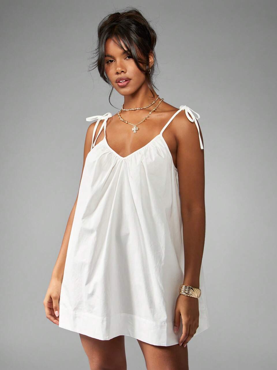 MISSGUIDED Vestido Mini Smock Verão Laço no Ombro Solto Fluido Praia Férias Resorts Algodão Vestido Solto Vestido Primavera Festival Boho Férias Loungewear