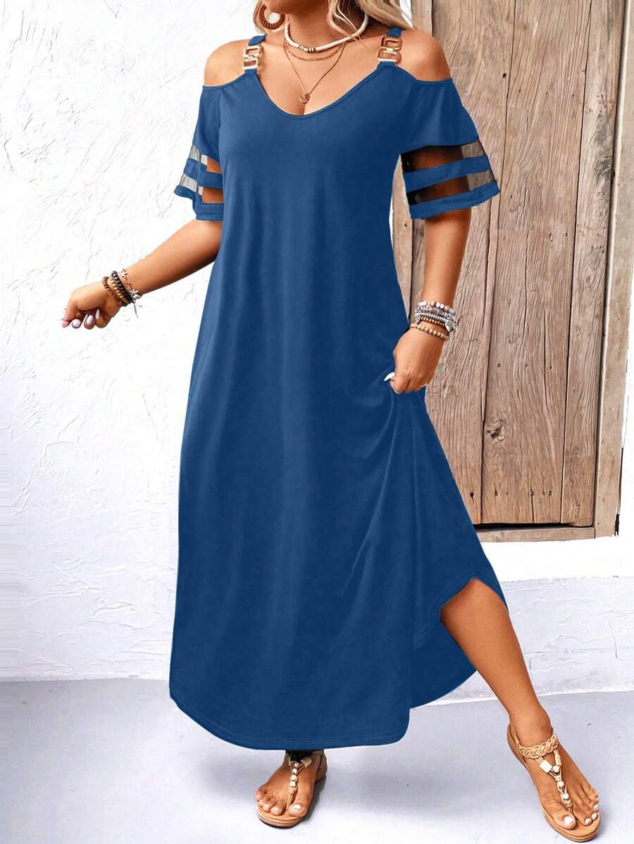 SHEIN LUNE Vestido maxi para mujer con escote bardot y mangas cortas, talla grande - Azul - Ver 1