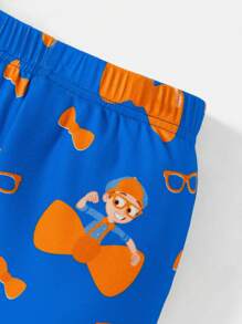 Blippi X SHEIN Young Boy Cartoon Graphic Colorblock Snug Fit Blue & Orange Top & Shorts Pajama Two Pieces Outfit - Blue and White - View 4