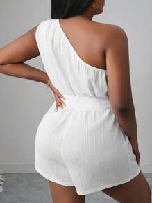 Slaydiva 2025 女式夏季休闲连体裤，百搭连体裤适合日常穿着、度假、邮轮旅行、海滩、日光浴，单肩扭腰，纹理面料，系腰，修身，白色 - 白色 - 查看 2