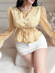 DAZY Ditsy Floral Smock Long Sleeve Vacation Casual Top, Women Summer Blouse,Ruffle