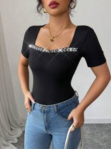 Chiquease Women's Square Neck Rhinestone Decorated Elastic Knit T-Shirt, Spring/Summer