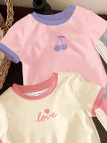 SHEIN 4 件套年轻女孩休闲撞色边饰可爱樱桃、心形、蝴蝶结印花圆领短袖 T 恤，上衣适合春夏季 - 彩色 - 查看 3