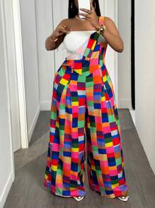 Slaydiva 大码女士休闲甜美格子印花系带阔腿连体裤，适合外出、日常穿着和浪漫