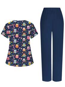 PopScrub Conjunto de uniforme de enfermera de dibujos animados, pijama de manga corta para mujeres - Azul - Ver 4