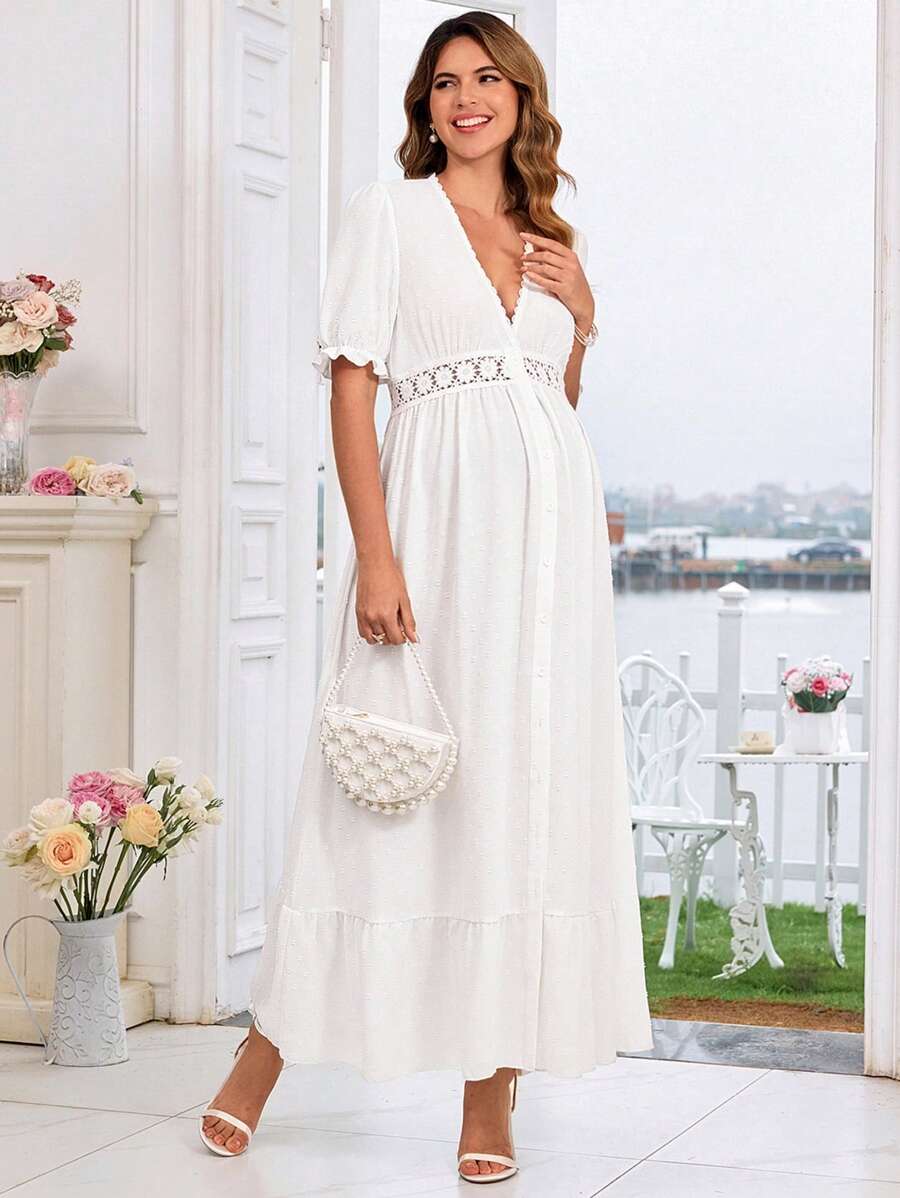 SHEIN Elegant White Comfort Maxi Maternity Dress - White - View 1