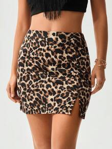 SHEIN LUNE 女式复古豹纹开衩下摆修身紧身半身裙，办公室和休闲装，秋冬季 - 彩色 - 查看 2