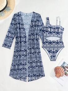 Swim Oasis Women Chic Swimsuit Set, Featuring All Over Print One Piece Swimsuit With Long Mesh Cover-Up For Spring & Summer - Multicolor - View 7