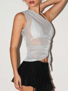 SHEIN ICON Blusa asimétrica con hombro brillante de tejido iridiscente y bajo oblicuo para mujeres