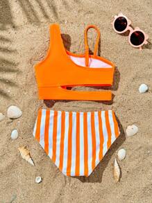 SHEIN Conjunto de bikini estriado y recortado lindo para niñas jóvenes - Multicolor - Ver 2