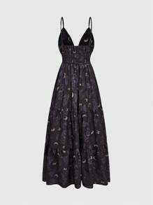 ROMWE Goth Retro Moon & Plants Full Print Spaghetti Strap Dress - Black - View 2