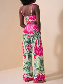 Zivah 2025 Summer New Music Festival, Easter, St. Patrick's Day, Western, Nomadic Style, Suitable For Wedding, Birthday Party, Graduation, Student, Daily Wear, Casual, Vacation, Cruise Travel, Beach, Sunbathing, Fashion, Wide Strap, Bodycon, Wide Leg Pants, Tropical Plant, Coconut Tree Print, Colorblock Women's 2 Pieces Set
