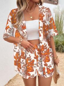 SHEIN LUNE 女士植物印花短袖和服和短裤两件套，休闲假日风格 - 橘色 - 查看 6