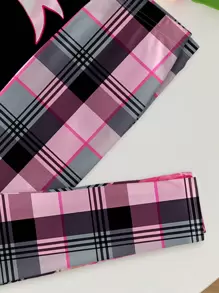 SHEIN Tween Girl Bow Plaid Print Casual Minimalist Short Sleeve Pajama Set, Snug Fit, Spring/Summer, Suitable For Valentine's Day