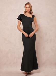 SHEIN Clasi Wedding Guest Dress Women,Elegant Women's Black Exaggerated Ruffle Sleeves Asymmetrical Collar, Cinched Waist, Fish Tail Swing Long Dress, Suitable For Parties, Weddings, Etc - Black - View 1
