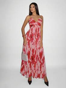 SHEIN Unity Vestido con abertura y escote con lazo plisado estampado para mujer, ideal para vacaciones de verano y playa - Multicolor - Ver 4