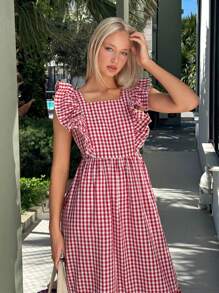 SHEIN EZwear 方领格子蝴蝶结连衣裙，甜美中长连衣裙，夏季新品 - 紅色 - 查看 6