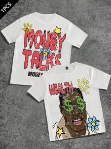 Manfinity EMRG Men's White Distressed Graphic T-Shirt - Streetwear Casual T-Shirt With Graffiti Art, Dollar Graphic, Young Street Style For Men, Versatile Item For INS, Creative Slogan 'More Money Makes More Money', Oversized Letter Graphic Print Design On The Front And Back. Fashionable And Versatile, Suitable For Sportswear Matching, Back-To-School Wear And Boyfriend Gifts. "Streetwear, Y2k Men - Multicolor - View 1