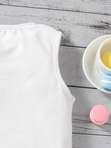 Camisetas sin mangas informales para niñas, con diseños gráficos de dibujos animados simples y lindos de cuello redondo, aptas para el verano - Blanco