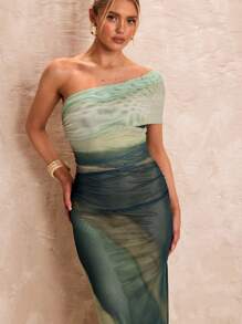 Glamine Women's Summer Green Tie-Dye Spaghetti Strap Split Hem Mesh Dress, Fitted Ruffle Vacation A-Line Gown, Women Formal Dress Women Prom Dresses Women Maxi Dresses Women Summer Dresses Women Dresses Women Short Dresses