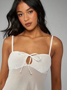 MISSGUIDED Sheer Mesh Babydoll Nightgown Lingerie Set With Adjustable Straps Front Bow Detail Mini Length Bridal Honeymoon Sleepwear - White - View 3