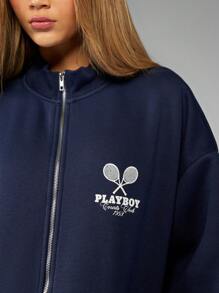 Missguided x Playboy Tennisclub Reißverschluss Sweatshirt lässige Freizeitsportmode Collegestil Logo entspannte Passform Herbst Winter Freizeitkleidung Streetwear - marineblau - Übersicht 3