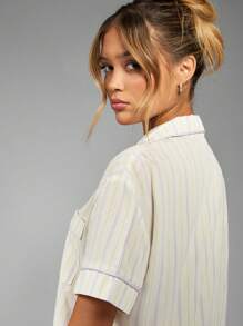 MISSGUIDED 奢华条纹纽扣短袖睡衣套装超柔软夏季家居服两件套睡衣节日礼物睡前必备 - 彩色 - 查看 6