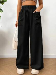 SHEIN EZwear Plus Size Women Solid Color Elastic Waist Pocket Loose Casual Pants